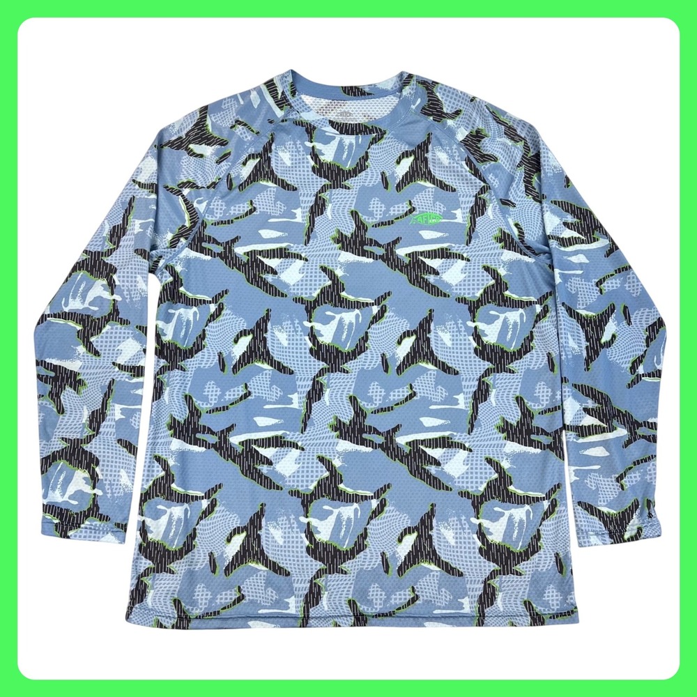 AFTCO Performance Fishing Shirt Men XL Blue Camo Long Sleeve Beach Sun Tee